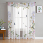 Akvarell lilleline liblikas t&uuml;llkardinad elutuppa L&auml;bipaistev kardin magamistoas k&ouml;&ouml;girulood Voile kardinad 135W x 114H(cm)