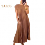 Suvine naiste kleit, plisseeritud varrukateta &uuml;mmargune kaelus, vaba &uuml;hev&auml;rviline hingav, pehme A-kujuline k&uuml;ljetaskud, pahkluu pikkused, vabaaja pendeldamine, rand L kollane