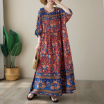 L&uuml;hikeste varrukatega Suures suuruses puuvillane satiin vintage lilleline uus kleit naistele vaba vaba pikk suvekleit sinine