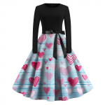 Women's Vintage Classic Dress Long Sleeve Valentine's Day Print Round neck Swing Dress L sinine