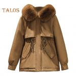 Talvine naiste jope karvane kapuuts Pikad varrukad polsterdatud pingutusn&ouml;&ouml;riga v&ouml;&ouml;taskud puuvillane mantel T&otilde;mblukk keskmise pikkusega &uuml;hev&auml;rviline tuulekindel soe mantel M must