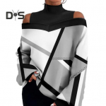 Naiste s&uuml;gistalvise pulloveriga pluus &otilde;lgadest lahtise tr&uuml;kiga pikkade varrukatega moodne kilpkonnaga s&auml;rk top XL must