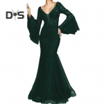 Naiste &otilde;htukleit V kaelusega, l&auml;bipaistev pitstikandid, lainelised varrukad Ballikleit A-kujuline kalasaba-&auml;&auml;r Slim Fit kokteilipeokleit balli&otilde;htu banketi maksikleit S