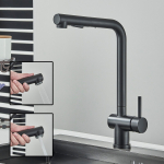 Roostevabast terasest v&auml;ljat&otilde;mmatav k&ouml;&ouml;givalamu segisti kraan pihustiga &uuml;he k&auml;epidemega must