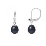 PERLINEA - Boucles d'Oreilles Crochet - V&eacute;ritables Perles de Culture d'Eau Douce Noires Poires 7-8 mm - Bijoux Femme