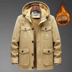Men's High-end Cotton-padded Jacket Men's Winter Cold-proof Padded Jacket Plus Velvet Thickened Tooling Jacket Mid-length Cotton-padded Jacket XL khaki