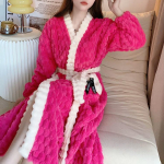 Kuum roosa kimono, paks korallifliisist &ouml;&ouml;s&auml;rk, naiste avar magamisriietus, pikad hommikumantlid taskuga, s&uuml;gistalvine uus hommikumantel M