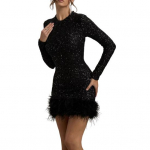 Naiste litritega sulgede &auml;&auml;risega minikleit pikkade varrukatega seksikas s&auml;rav liibuv kleit s&auml;delev kokteilikleit s&uuml;nnip&auml;evapeoks klubi&otilde;htuks M