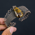 Tiger Eye Handmade Copper Wire Wrap Bangle Adjustable n7y84