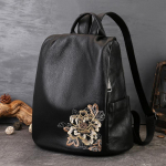 Ehtsast nahast seljakott, kevadine Hiina stiilis tikitud ema kott, suure mahutavusega vargusvastane kott, naiste seljakott tumehall v&auml;rv