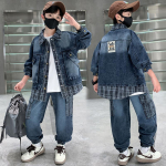 Poiste Trendikas Ruuduline Denim Komplekt: Kevad/S&uuml;gis Korea stiil 2025, Kaheosaline komplekt keskmise kuni suurematele lastele 150