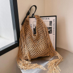 Moodne pikkade tutikestega &otilde;lakott L&otilde;ngaga kootud naiste kott Uus &otilde;&otilde;nesk&auml;ekott Suvine rannapuhkuse kott 33x2x45cm khaki