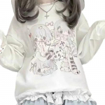 Y2k Jaapani Harajuku Anime Valge Kapuutsiga Sviiter Kawaii Armas Multikas T&auml;navamood Kooli&otilde;pilase Dressipluus Pikkade Varrukatega Topid L valge