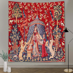 Keskaegne Daam ja &Uuml;kssarvik Vaip, Daam &Uuml;kssarvikuga Sarjast Inspireeritud Kunstitr&uuml;kk Seinal Riputatav Kodu Dekooriks 150x180CM