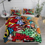 Hip-Hopi Graffiti Voodipesu Komplekt - Teismeliste Poiste Tekikott ja Padjap&uuml;&uuml;r Kunstiline Disain Magamistoa Dekoor 135x200cm, Poiste ja T&uuml;drukute Kingitus 135x200cm black