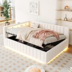 Polsterdatud voodisofa 140x200, H&uuml;draulilise panipaiga, LED-valgustuse ja USB-laadimispordiga, Seljatoe, Peatsi ja voodiraamiga, Sametkangas Beež 208.5 x 147 x 78 cm beež