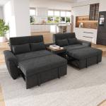 U-kujuline diivanvoodi, kaheinimese v&auml;ljat&otilde;mmatav, seljatugi, lemmikloomade ala, kohvilaud 2 joogitopsihoidjaga, 4 patja, &scaron;enill, tumehall, 284&times;138&times;89 cm 284 x 138 x 89 cm tumehall v&auml;rv