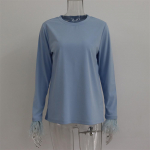 Naiste Crew Neck Patchwork Feather T-s&auml;rk &uuml;hev&auml;rviline pikkade varrukatega reisijate topp S sinine