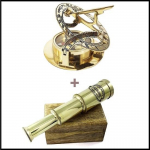 Messingist kuningliku merev&auml;e teleskoop puidust kasti, messingist p&auml;ikesekella matkakompassiga