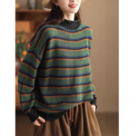 Johnature Naiste Pullover Triibulised kampsunid Patchwork Kootud pikkade varrukatega riided S&uuml;gisene naiste vintage avarad kampsunid One Size roheline