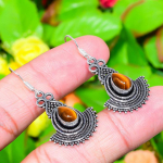 Natural Tiger Eye Gemstone Handmade 925 Sterling Silver Earring 1.73 g4p58