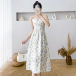 Suvine pitsist pikk kleit, traksikleit, naiste mood, varrukateta lilleline kleit XL sinine