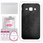 apgo Protective Skin Sticker for the back compatible with Samsung Galaxy J1 (2016), Wrap Film, Foil, Vinyl - Pattern Black Leather