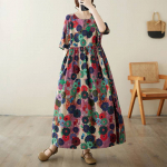 Johnature Naine Kevadine Retro O-kaelusega vabaaja A-joonega kleit Vintage stiilis tr&uuml;kiga l&uuml;hikeste varrukatega avara kleit One Size punane