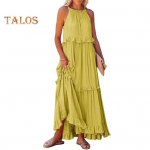 Naiste suvekleit, volangidega p&auml;itsetega kaelus, varrukateta, vaba &uuml;hev&auml;rviline plisseeritud &otilde;lgadeta plaaster, puhkuse rannamaksikleit M roheline