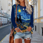 Topid Naistele Night Starry Sky Print &Uuml;mara kaelusega pikkade varrukatega T-s&auml;rk Fall Casual Slim Pullover naiste pikkade varrukatega top XS sinine