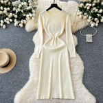 Elegantne soliidne kootud kleit naistele S&uuml;gisene prantsuse vintage O-kaelusega pikkade varrukatega mood &otilde;htupeo kampsun Slim Midi kleidid One Size roheline