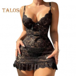 Naiste &ouml;&ouml;s&auml;rk V-kaelusega &otilde;&otilde;nes lilleline tikand seljata varrukateta &otilde;huke istuvus &ouml;&ouml;s&auml;rk volangidega &auml;&auml;risega l&auml;bipaistev v&otilde;rgutav &ouml;&ouml;s&auml;rk magamistoale L tumesinine v&auml;rv