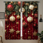 2 tk Komplekt Kuldne J&otilde;ulupalliga Prinditud Kardinad - Tunneliga Disain Lihtsaks Riputamiseks, Ideaalne K&ouml;&ouml;ki, Magamistuppa ja Elutuppa (W50H130cm)-2pcs&Hook