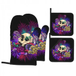 Mushroom Skull ahjukindad ja potihoidjad 4 vastupidava kuumapadjaga komplektid, libisemiskindlad puuvillased voodrikindad k&uuml;psetamiseks ja toiduvalmistamiseks