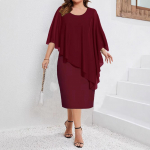 Naiste &uuml;hev&auml;rviline nahkhiirevarrukatega &uuml;mara kaelusega &scaron;ifoonist salliga slim-fit pluss suuruses midi kleit 4XL burgundiapunane