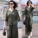 Tencel Linane &Uuml;likond Suvine Vabaaja Korea Versioon Keskealise Ema Pluus Laiade S&auml;&auml;rtega P&uuml;ksid Kaheosaline &Uuml;likond XXXL