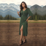 Suvised naiste seksikas poolitatud A-joonega pikk kleit V-kaelusega, volangidega varrukatega, &uuml;hev&auml;rviline L