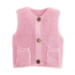 Naiste kootud vest V-kaelusega varrukateta &uuml;he n&ouml;&ouml;biga taskutega kootud vest mitmek&uuml;lgne &uuml;hev&auml;rviline kootud r&otilde;ivas L roosa