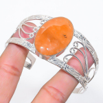 Natural Orange Aventurine Gemstone 925 Sterling Silver Cuff Bangle Adj c6w27