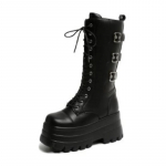 Moodne Mood Paksud K&otilde;rged Kontsad Poolpikkusega Saapad Naistele Paks P&otilde;hi Lakknahast Punk Saapad Naised Gooti Must Platvormiga Combat Saapad 35 must