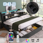 Lit double capitonn&eacute; avec fonction de recharge USB T&ecirc;te de lit de rangement et &eacute;clairage LED, 160x200 cm, gris (sans matelas) hall
