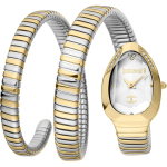 Roberto Cavalli Glam Evo 4 Valge sihverkaas Kahetooniline terasest rihmaga k&auml;ekell naistele JC1L209M0065 valge