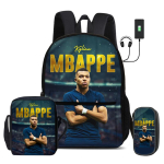M-Mbappe 3 tk komplekt Koolikotid Seljakott USB-liidesega Jalgpallit&auml;ht &Otilde;lakotiga Spordipliiatsikott Laste seljakott black