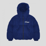 Meeste talvine kapuutsiga puuvillane pufjakk tikitud kirjatr&uuml;kiga, lai l&otilde;ige, streetwear Small blue