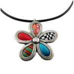 Les Tr&eacute;sors De Lily [R1277] - Collier artisanal 'Colombine & Arlequin' multicolore argent&eacute; (fleur) - 42 cm- 5. 4 cm mitmev&auml;rviline