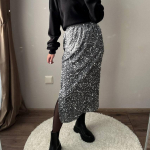S&uuml;gis- ja talvine &uuml;hev&auml;rviline sametine litritega midikleit Elegantne seksikas naiste seelik L must
