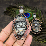 Natural Malinga Jasper, Moonstone Gemstone Copper Wire Wrap Pendant 3.66 s5e13