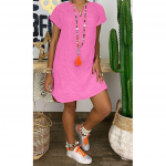 Naiste mood suvine lahtise seelikuga l&uuml;hikeste varrukatega V-kaelusega puuvillane linane kleit M roosa