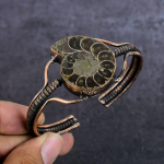 Natural Ammonite Fossil Gemstone Copper Wire Wrap Cuff Bangle Adjustable v3m71