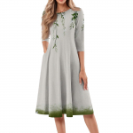 Naiste vabaaja moodne &uuml;mara kaelusega kolmveerandvarrukatega lillemustriga midikleit L armee roheline v&auml;rv